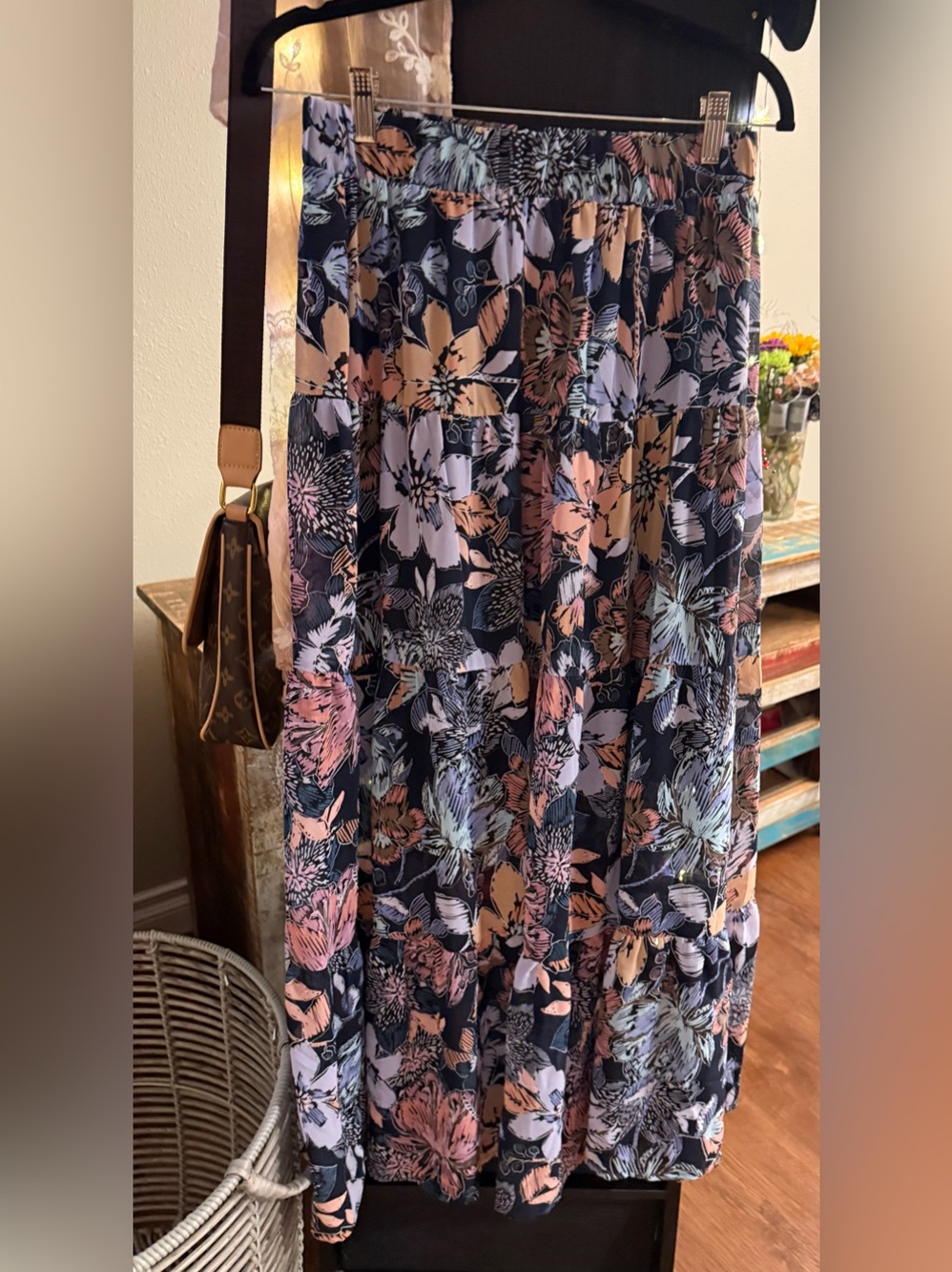 mark. Floral Tiered Maxi Skirt in Navy, Pink & Cream